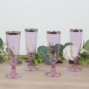 12-Pack Plastic Champagne Flutes 5oz Transparent Purple with Gold Rim - Disposable Toasting Glasses with Detachable Base 6"