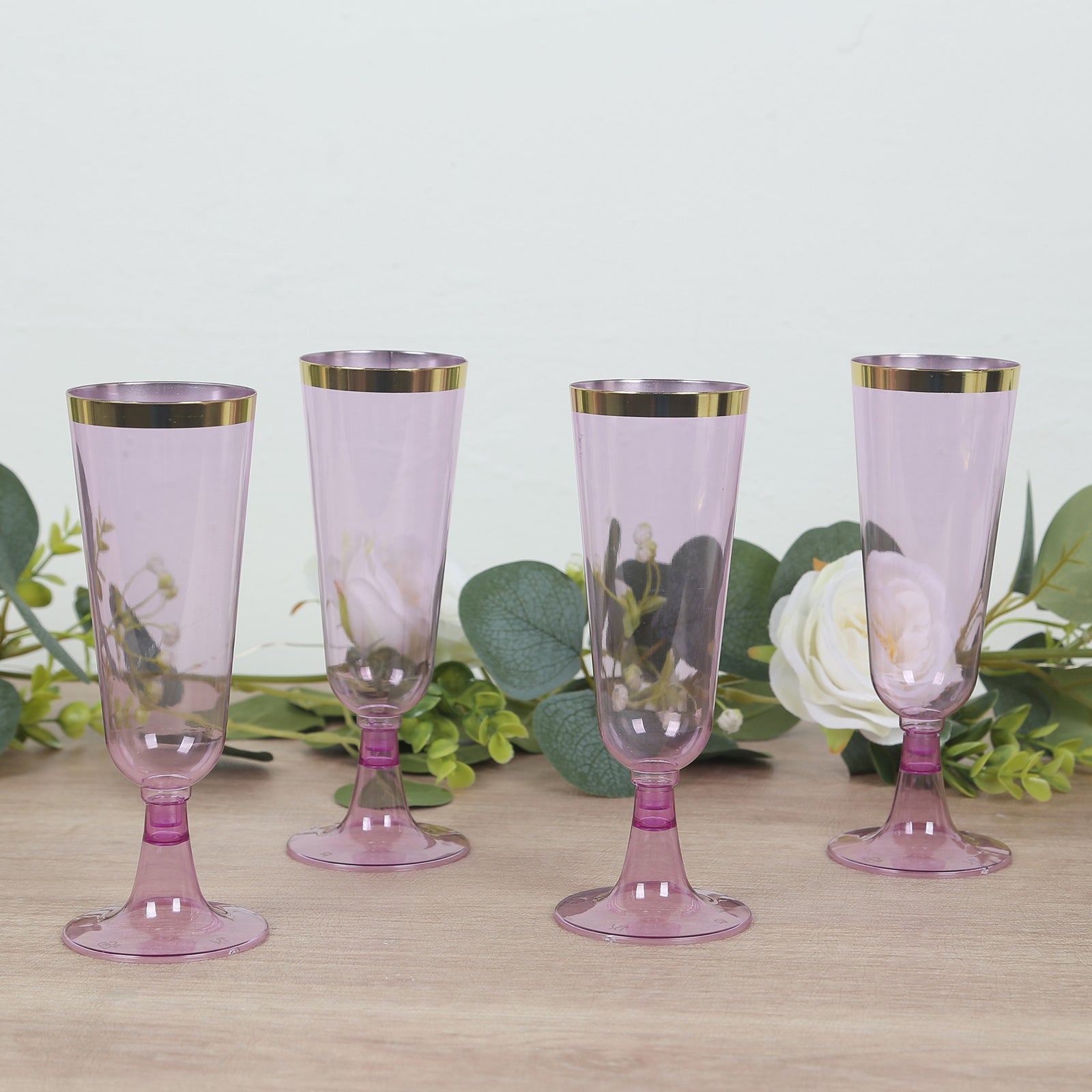 12-Pack Plastic Champagne Flutes 5oz Transparent Purple with Gold Rim - Disposable Toasting Glasses with Detachable Base 6"